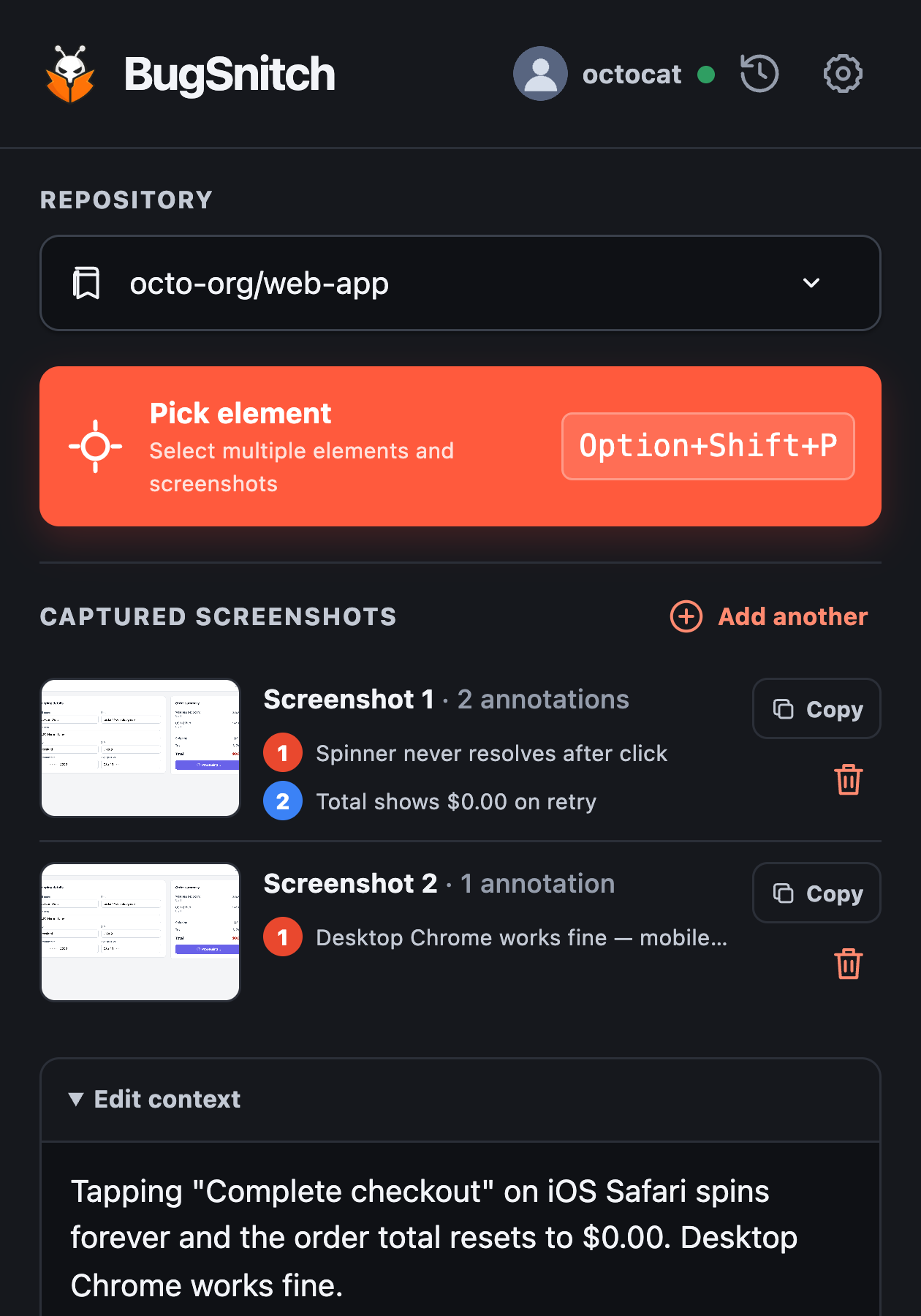 BugSnitch popup pinned in the Chrome toolbar, showing a captured checkout bug with annotations ready to send to GitHub